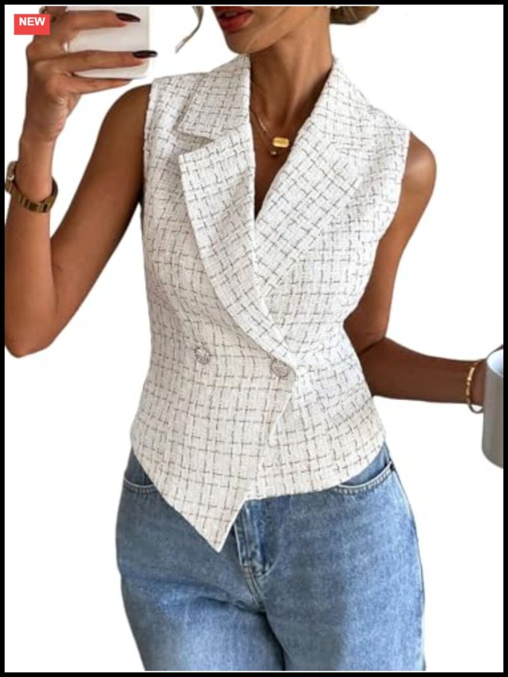 Tweed Vest Tops Women Sleeveless Plaid Blazer Cropped Double Breasted
